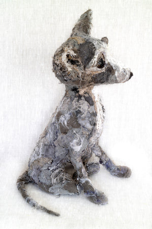 Chihuahua textile sculpture created from vintage and antique textiles