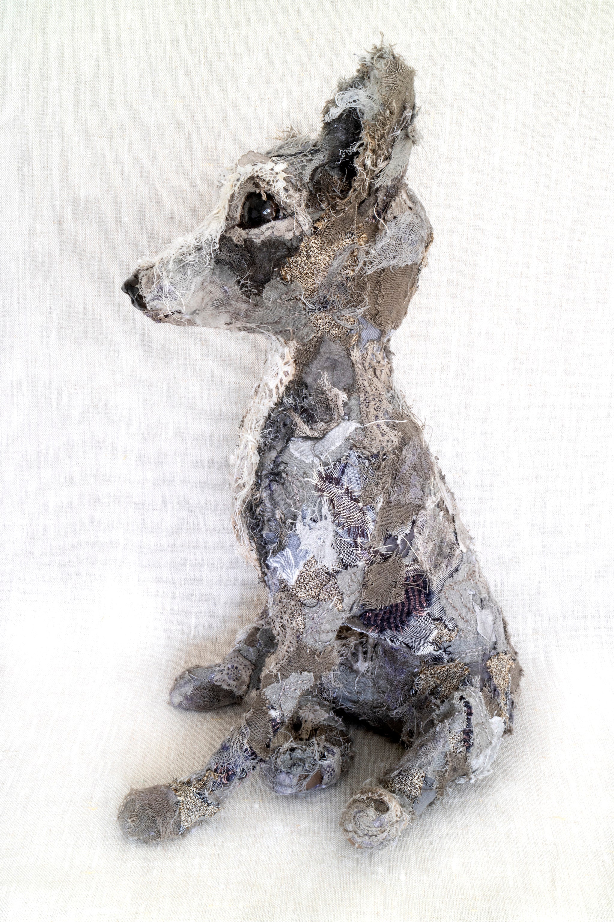 Chihuahua textile sculpture created from vintage and antique textiles