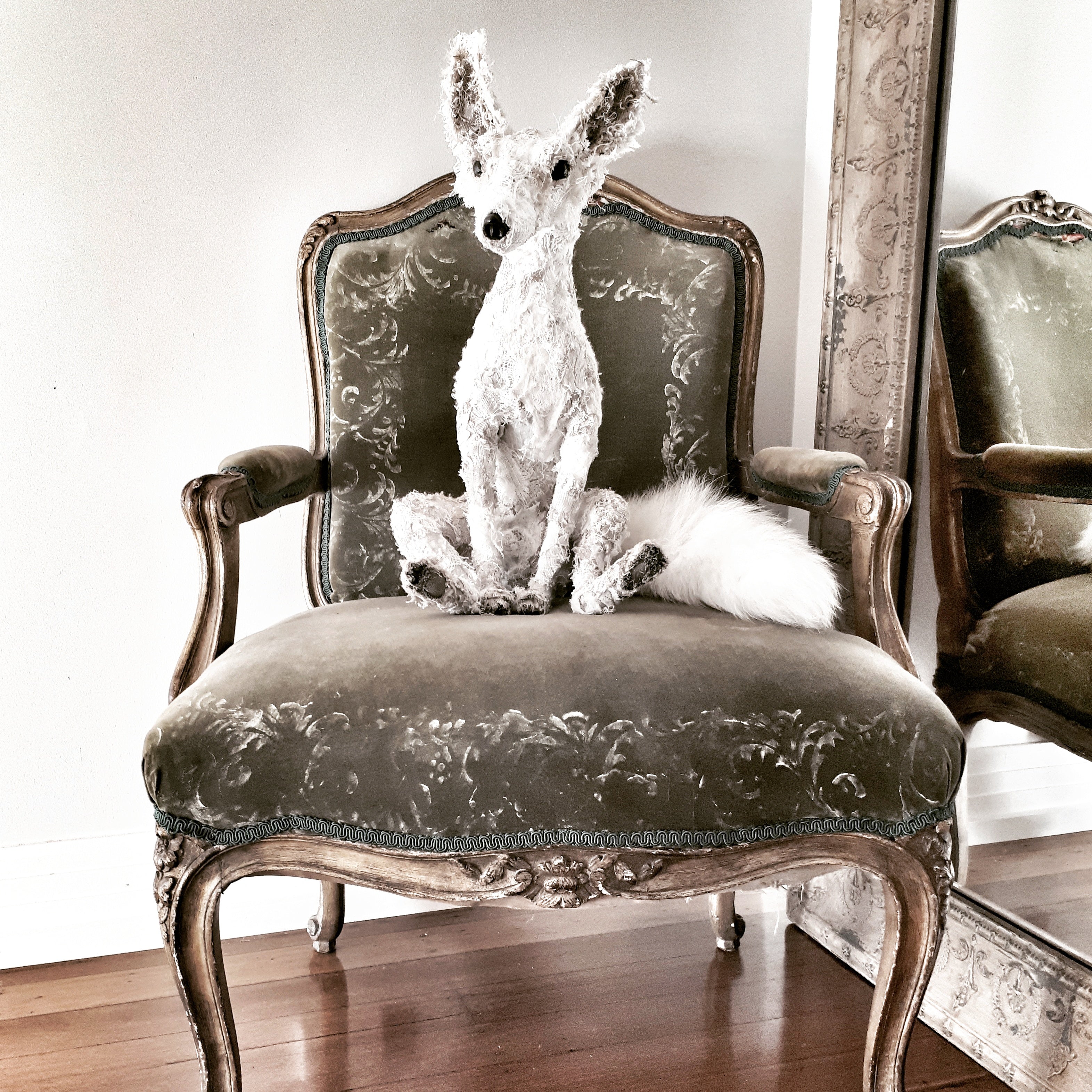 Fox textile sculpture created from vintage and antique textiles