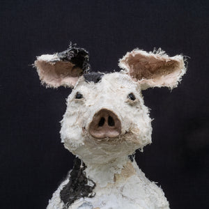 Pig textile sculpture by Susan Bowers created from vintage and antique textiles