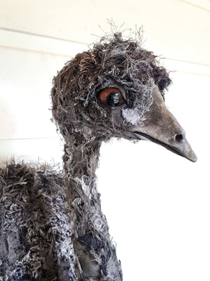 Emu textile sculpture by Susan Bowers created from vintage and antique textiles
