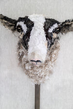 Sheep textile sculpture by Susan Bowers created from vintage and antique textiles