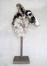 Sheep textile sculpture by Susan Bowers created from vintage and antique textiles